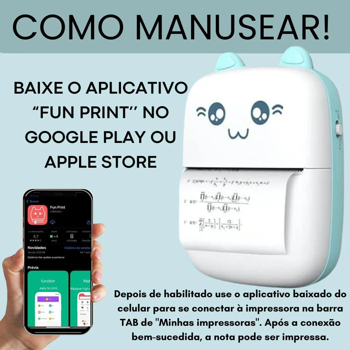 Impressora Portátil Sem Fio Recarregável Térmica Gato