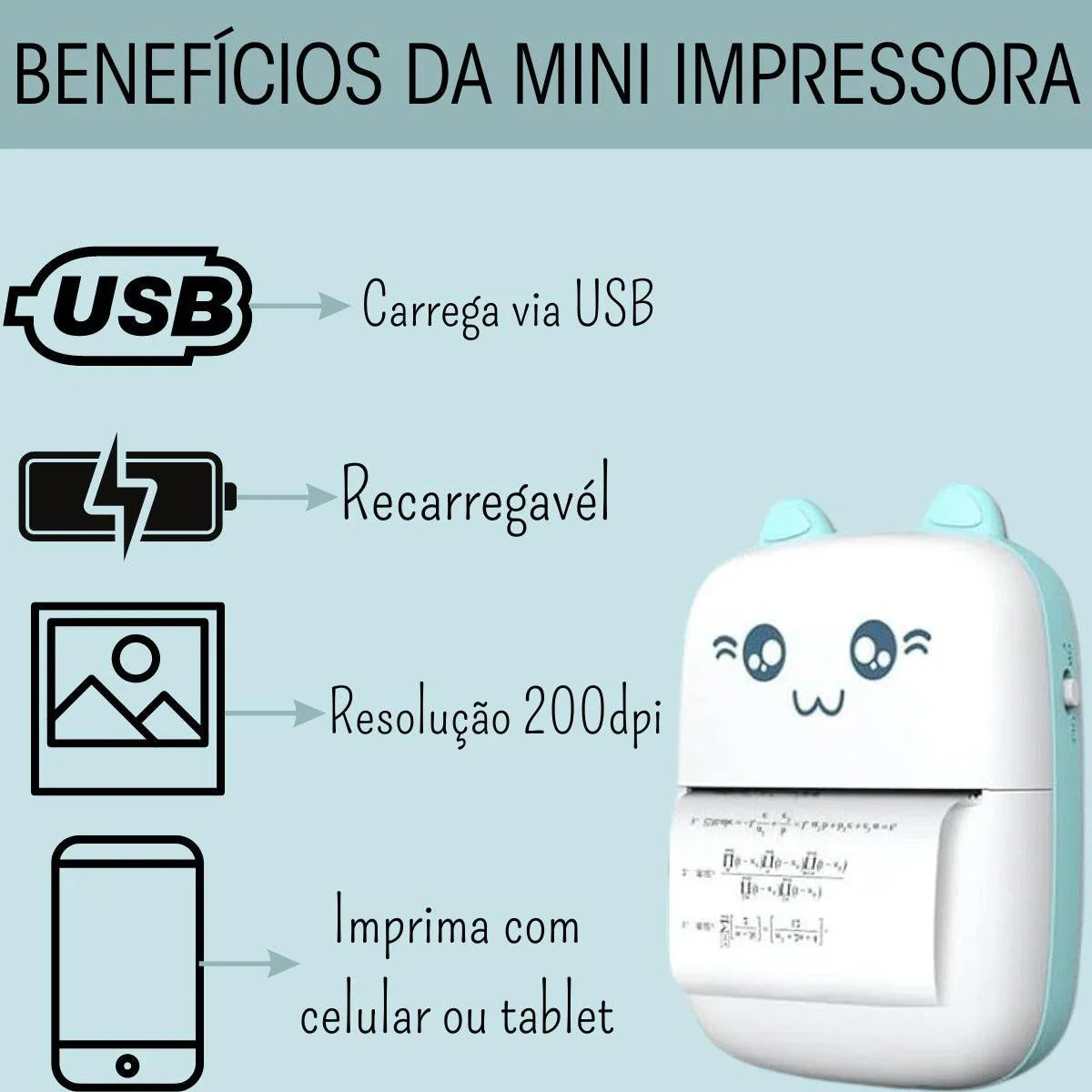 Impressora Portátil Sem Fio Recarregável Térmica Gato